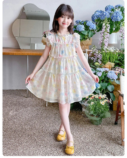 Summer girl's dress new style children's Western style floral chiffon princess dress printed baby's park play skirt