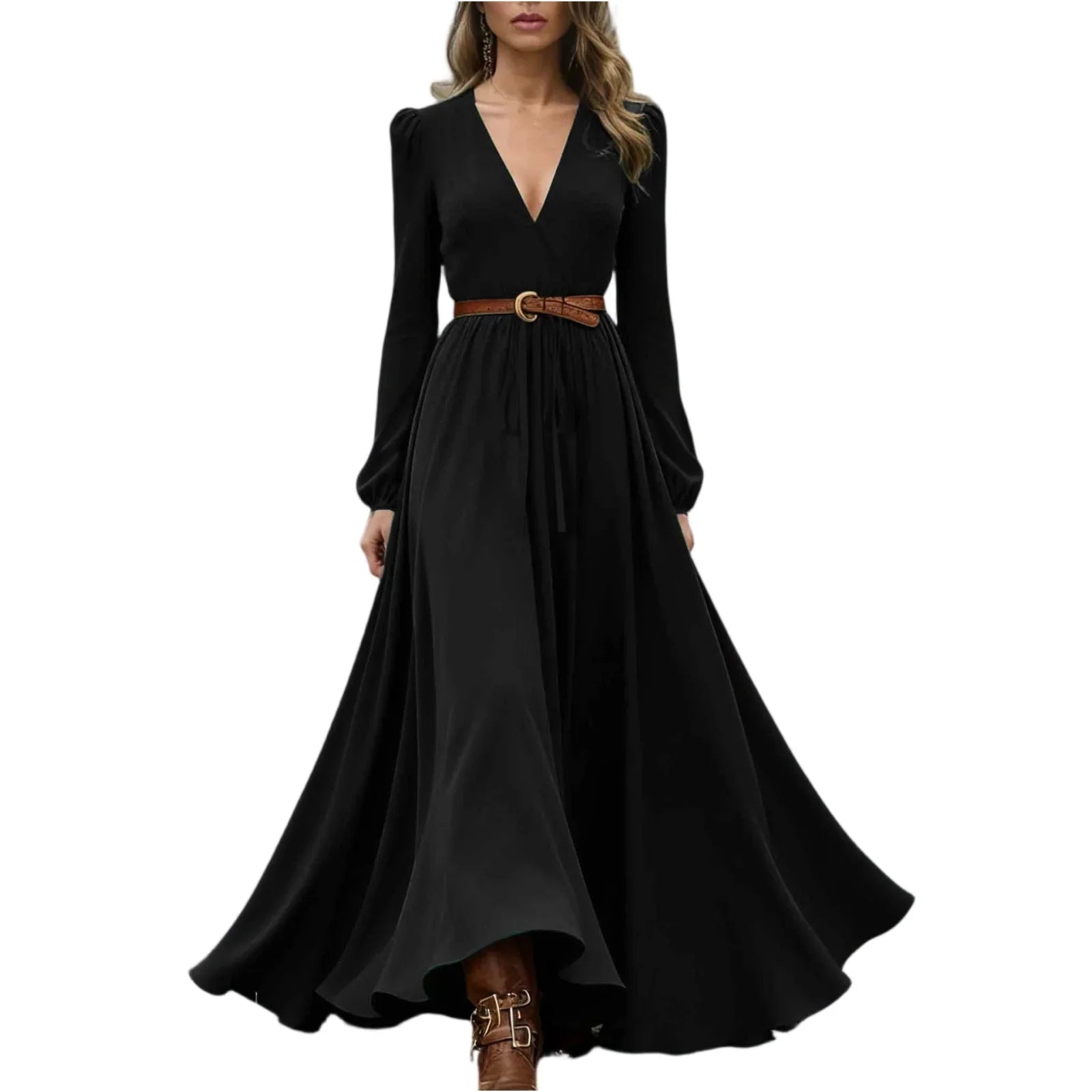 Women's Spring Autumn Retro Western Style V-neck Long Sleeve Dress Fashion Casual Long Dresses Elegant Party Dresses(no belt)