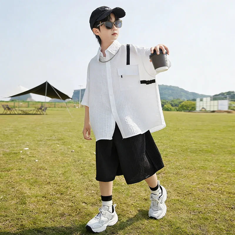 New Children Summer Thin Short Sleeved Shirt Shorts Two Piece Set Children Stylish Clothing Trend
