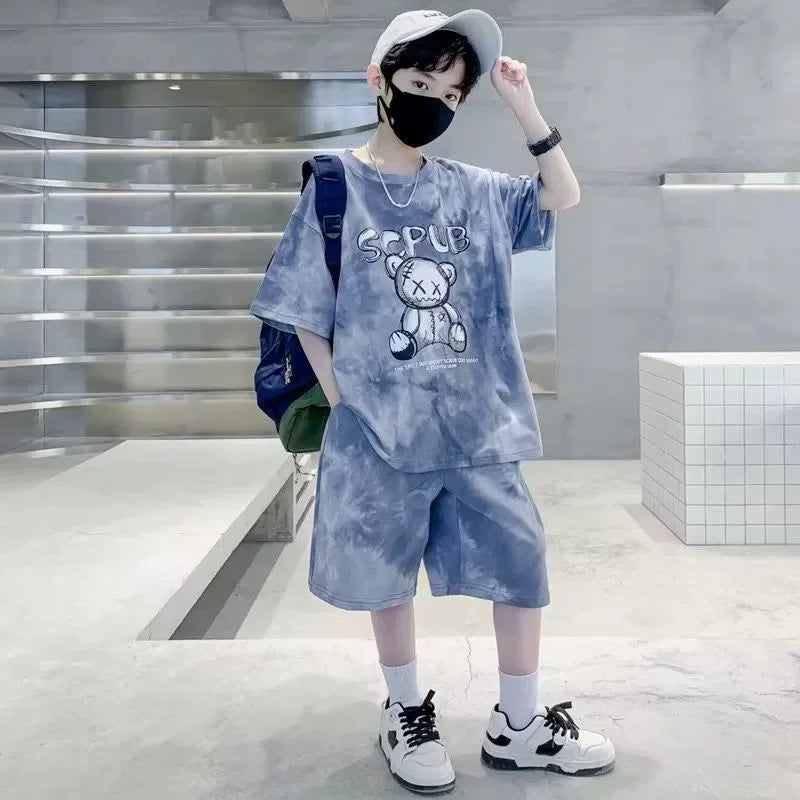 Boys Sports Suit Summer Cartoon Sets New Children's Short-Sleeved T-Shirt Shorts  Kids Fashion Loose Clothes Outfit