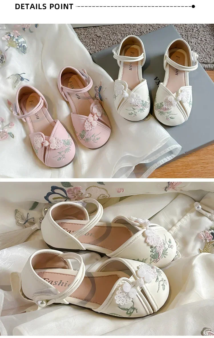Girls Princess Shoes Hanfu Chinese Style Embroidered Kids Half Sandals for Summer Children Leather Shoes Sweet Soft Sole