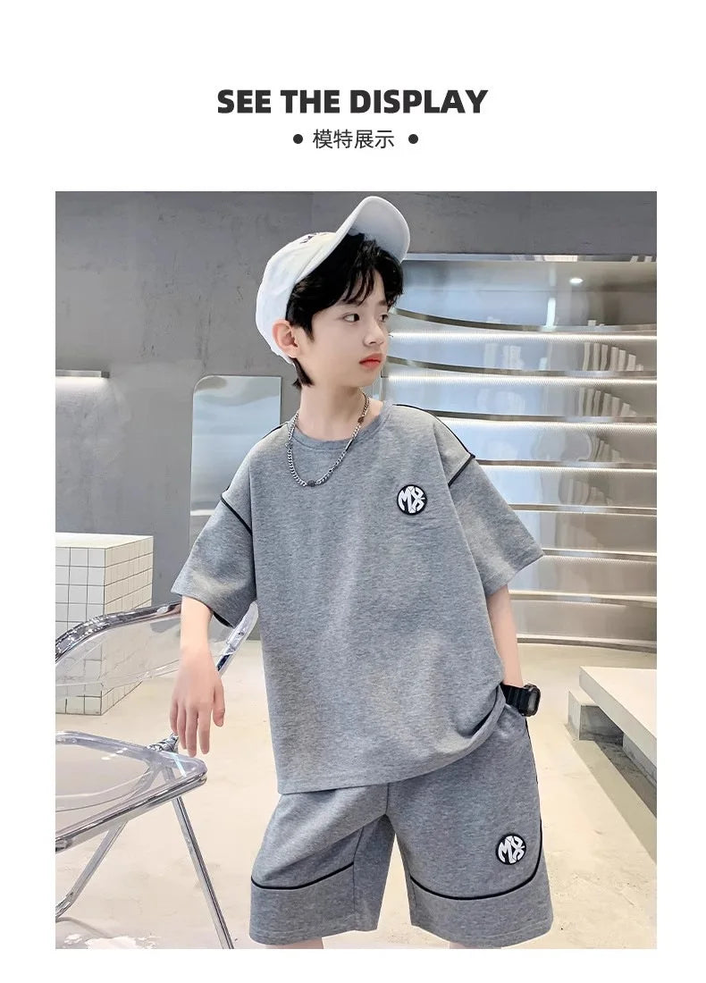 Boys Suit Child set Clothes Short-Sleeved loose black t-shirt + half pants Teenager Tracksuits Kids 8 10 12 year