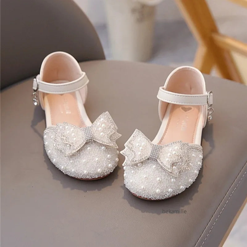 Girls' Princess Shoes Spring And Summer Sandals White Flat Dress Shoes Pearl Decoration For Kids And Teens