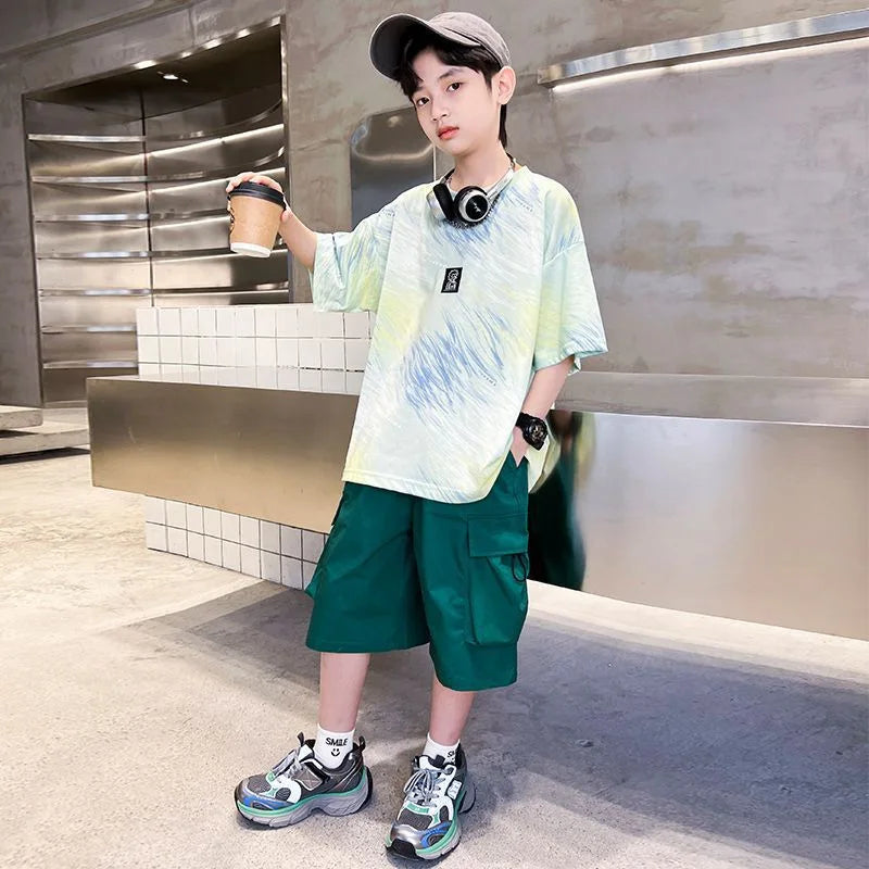Hip Hop Children Cotton Solid Sportswear Kid Boys Clothing Set Boys Summer Suit Teen Boys Short Sleeve + Pants 2piece  loose