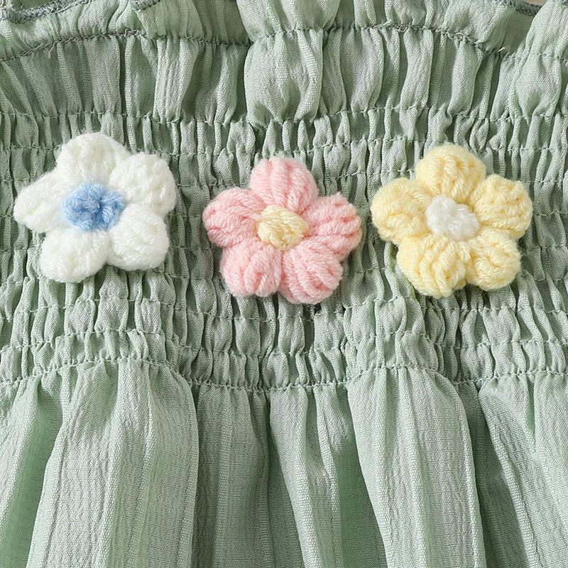 0-4years Baby Girl Summer Outfit 3D Flower Design Ruffled Trim Smocked Sleeveless Tops and Shorts 2 Pcs Set for Toddler girls