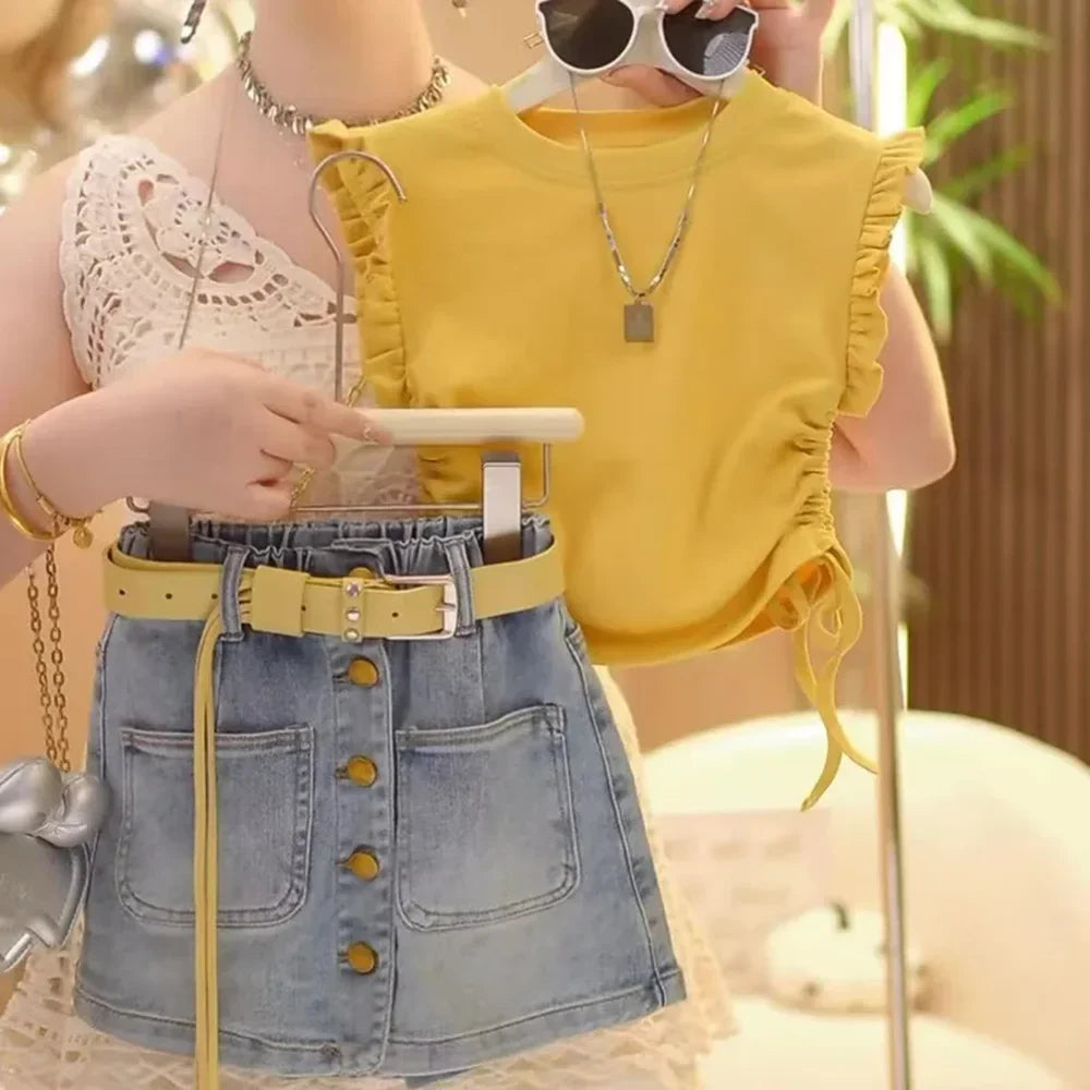 Girls' Summer Set 2026 New Children's Summer Sleeveless Yellow T-shirt+Cowboy Skirts Two-piece Set Without Belt