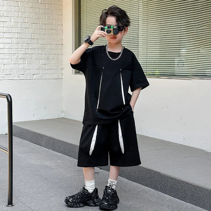 American Kids Design Double Cotton Gauze Clothing Set For Teenage Boy Casual Summer Top and Bottom Clothes Set Child Tracksuit