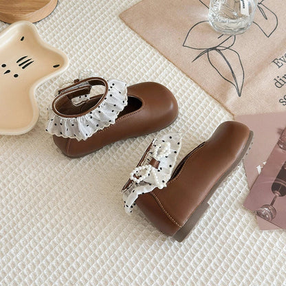 Girl's Leather Shoes Frilly Pearl Adorable Hook-loop Kids Flat Shoe Beige Brown Shallow Sweet Trendy Children Shoe 23-34