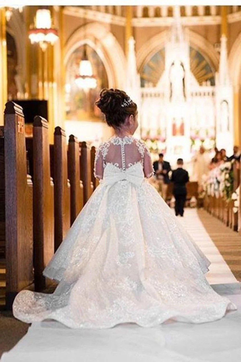 Girl Lace Appliques Princess Wedding Party Flower Girls Dresses Vintage Gown With Bow Kids First Communion Ball Gown