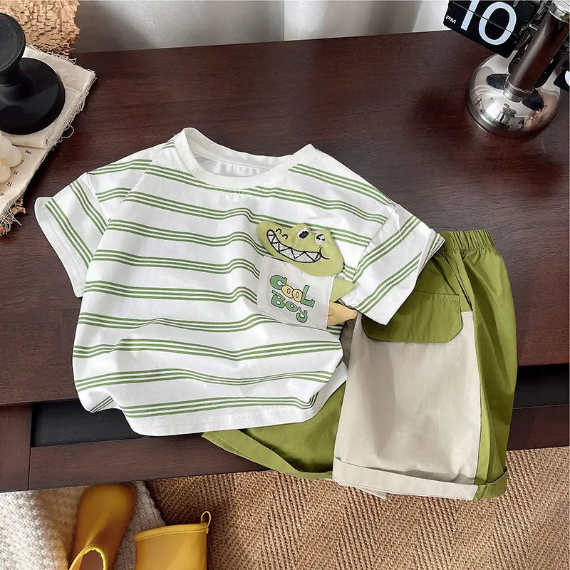 Summer Children Clothes Boys Girls Short-sleeved Striped T-shirt +Shorts 2Pcs Set Babies Fashion Round Neck Outfits Kids Suits