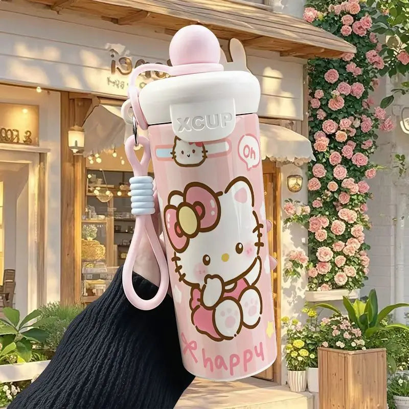 600ml Sanrio Hello Kitty Vacuum Thermos Cup SS316 Insulated Coffee Mug with Lifting Rope Portable Outdoor Drinking Water Kettle