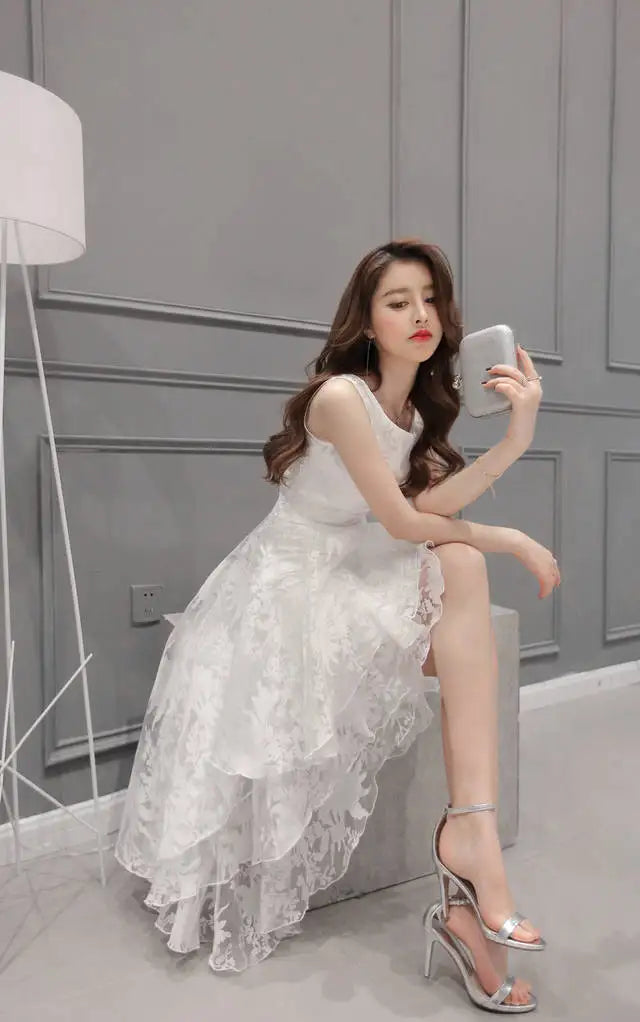 Summer High Low Retro Dress Vintage Women Sleeveless Front Back Short Long Organza Lace Dress Ladies Elegant Party Dress  (Available)
