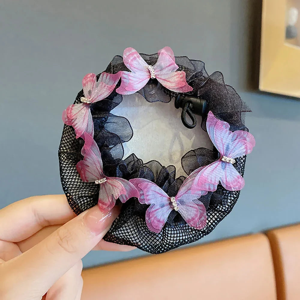 Girls Dance Hairnet Ballet Bun Cover Flower Butterfly Pearl Rhinestone Hair Mesh Kids Training Daily Dance Accessories