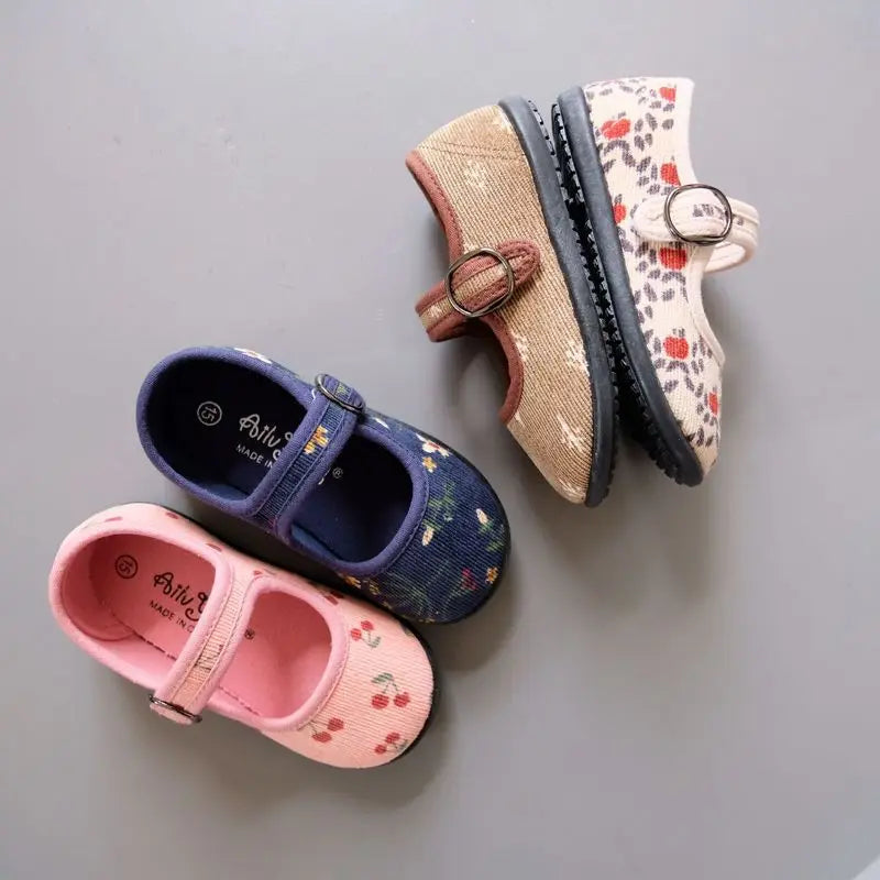 New Corduroy Floral Canvas Shoes Girls Square Mouth Indoor Shoes Soft Soled Non-slip Shoes