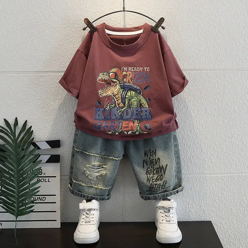 New Boys Sleeveless Vest Denim Shorts 2PC Sets Outdoor Festival Clothing Vintage Print Kids Miracle Design 2-10 Years White Tops