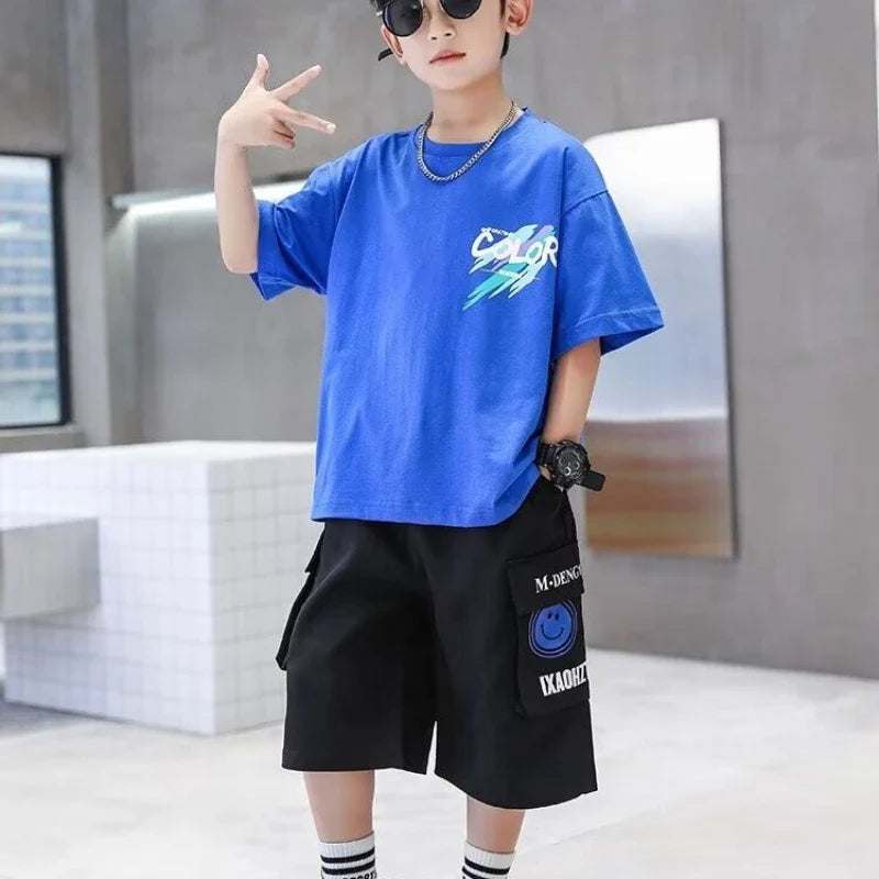 Summer 100% Cotton Boys Blue T-shirt Cool Graffiti Printed Girls Tees Short Sleeve Children Tops High Quality Kids Clothes