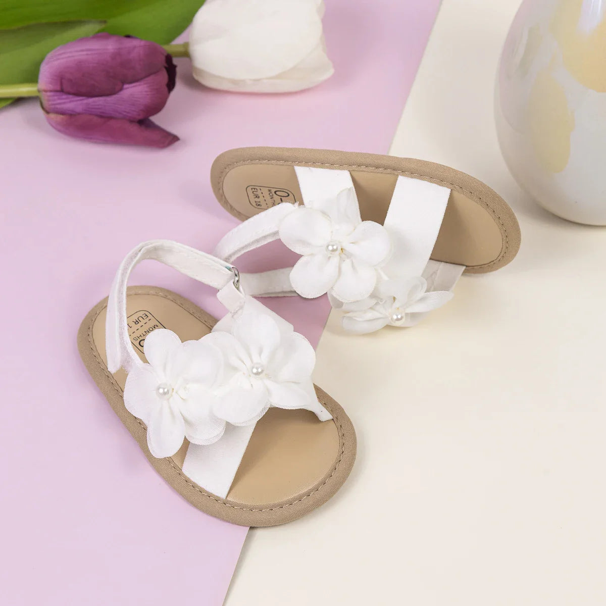 Baby Girls Shoes Flowers With Pearls Summer Cool Princess Sandals Lightweight Comfortable Soft Anti-slip Flat Sole