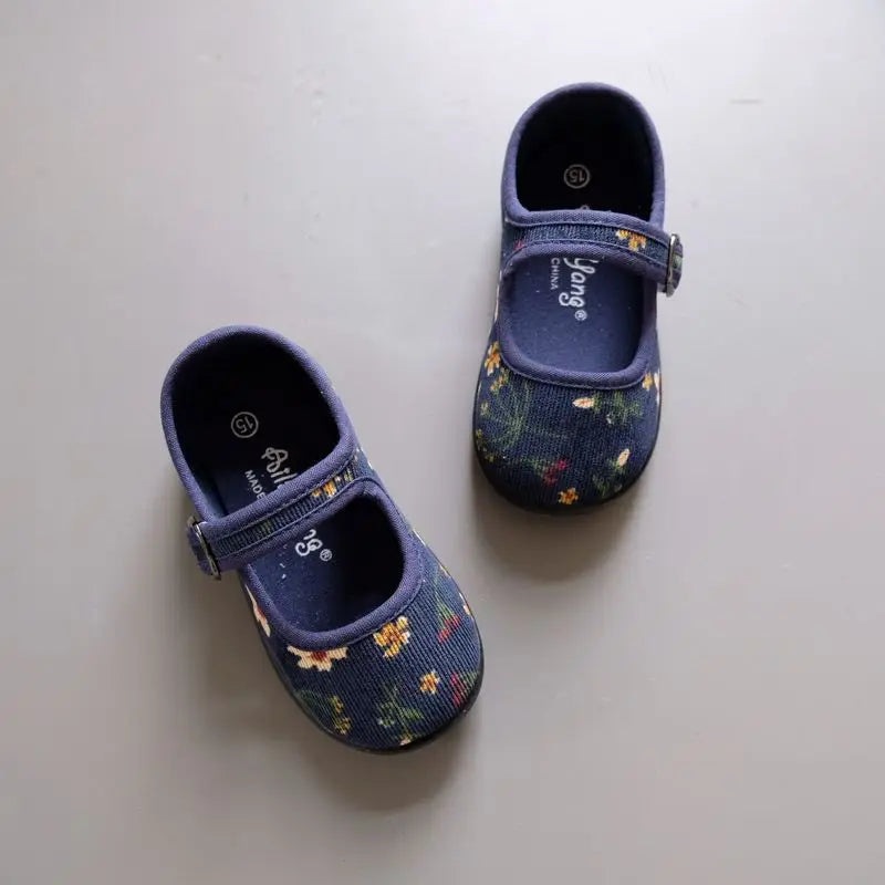 New Corduroy Floral Canvas Shoes Girls Square Mouth Indoor Shoes Soft Soled Non-slip Shoes