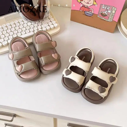 Children's Sandals Summer PU Leather Hook Loop Girls Sandal Breathable Soft Sole Kids Beach Shoes