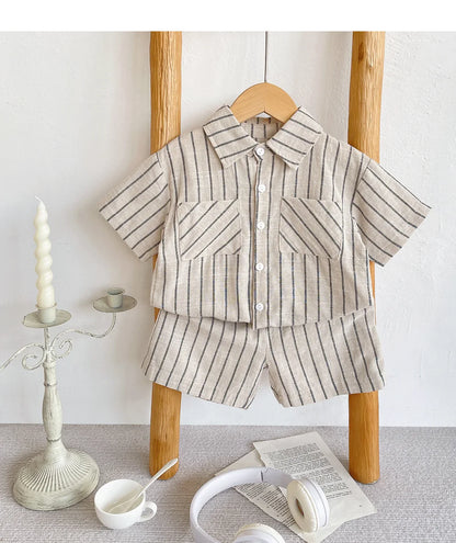 Set Children Unisex Summer New Style Cotton Stripe Pocket Shirt Polo Collar Shourts Fashion Casual Brief Versatile Korean