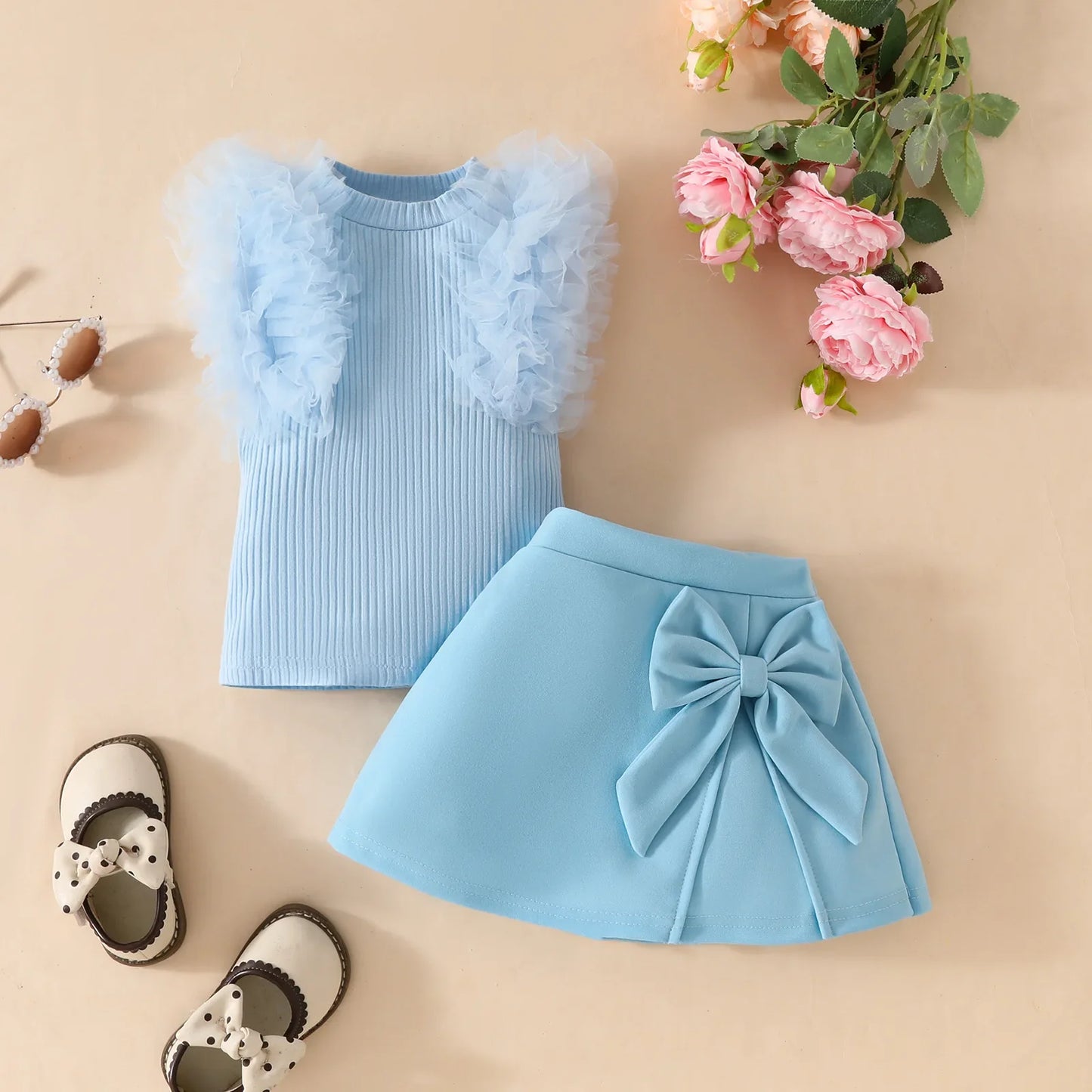 2Pcs Toddler Baby Girl Clothes Outfit Bubble Sleeve Patchwork Ruffle Top+Solid Color Flared Pants Fashion Set Fit 0-3 Years Set