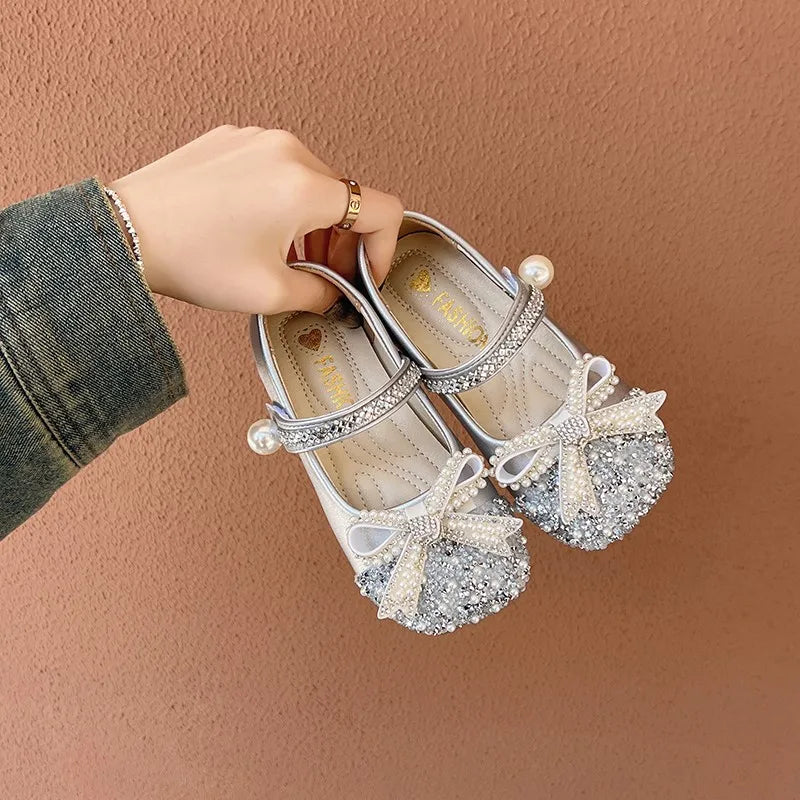 Girls Sparkly Rhinestone Bow Leather Shoes New Spring Toddler School Dance Flats Soft Sole Princess Kid Party Wedding Shoes