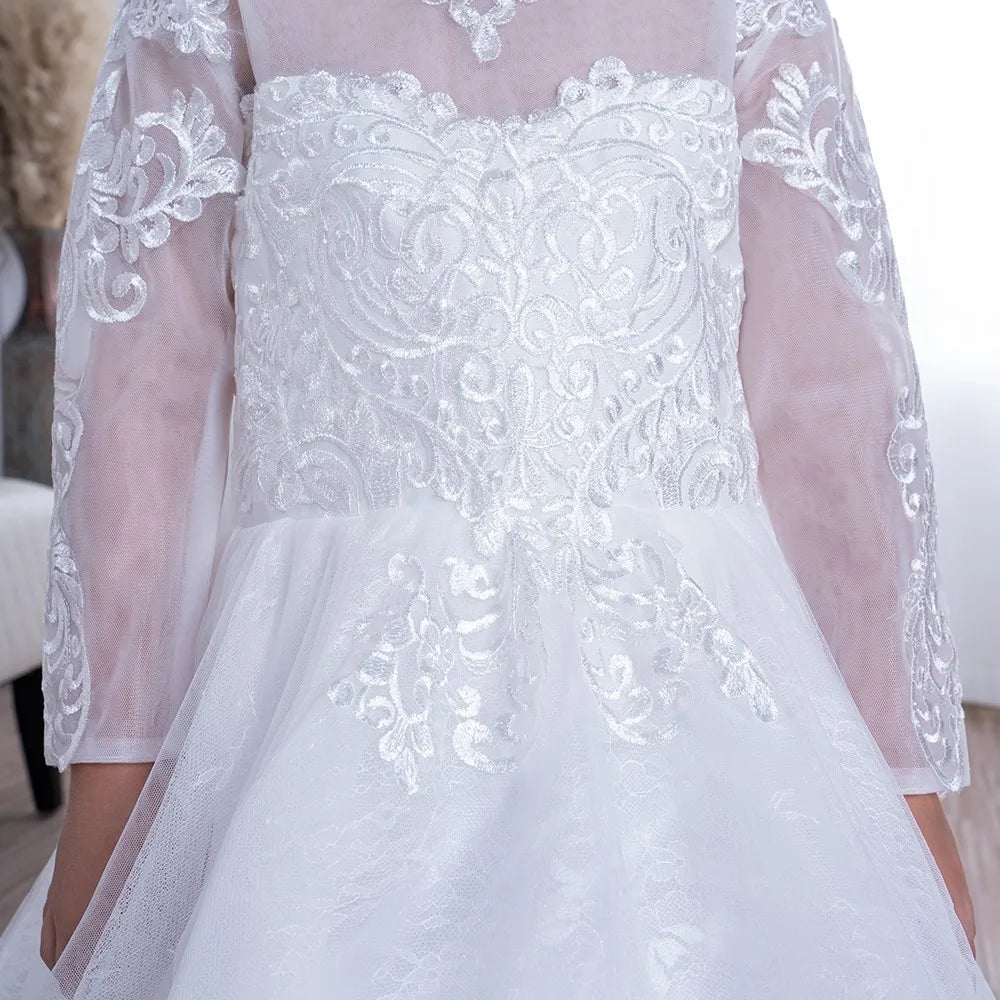 Girl Lace Appliques Princess Wedding Party Flower Girls Dresses Vintage Gown With Bow Kids First Communion Ball Gown