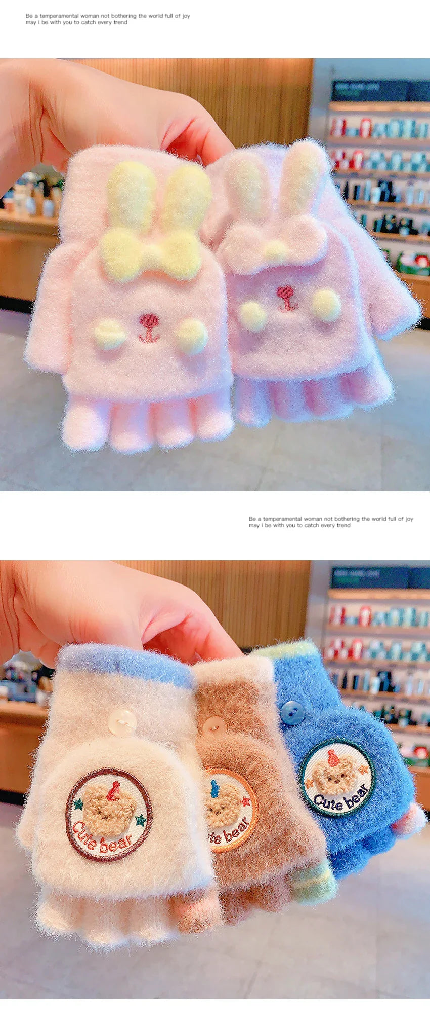 Winter Plush Knitted Cartoon Rabbit Flexible Flip-top Gloves Thicken Warm Cute Gloves For Baby Girls Half Finger Children Gloves
