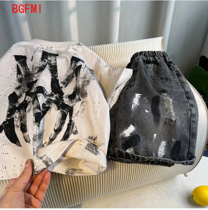 New Boys Fashion Summer Cotton Letter Printing T-shirts+Graffiti Denim Shorts 2pcs Set Kids Korean Outfits Sets Children Clothes