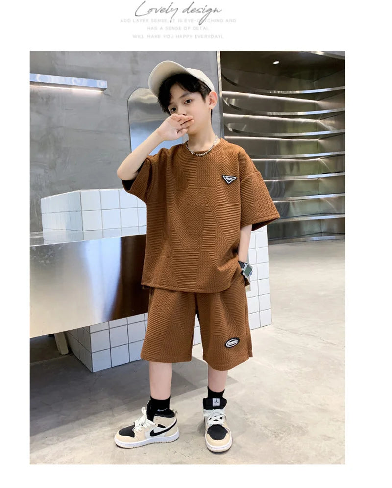 New Teenager Casual Outfits Children Trends Clothes Suits Kids Short Sleeves Tops+Baggy Pants 2Pcs