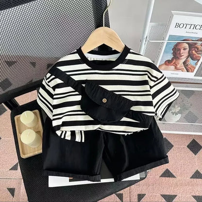 Summer Children Clothes Boys Girls Short-sleeved Striped T-shirt +Shorts 2Pcs Set Babies Fashion Round Neck Outfits Kids Suits