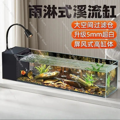 Desktop Stream Side Filter Tank, Ultra-Clear Glass Landscape Fish Tank, Oxygen-Generating Desktop Aquarium for Living Room