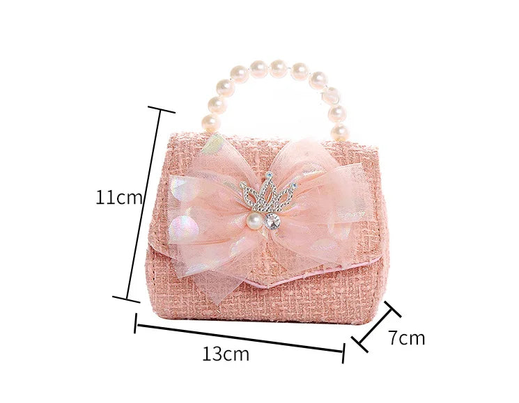 Pink Princess Crown Colorful Bow Children's Bag Fashion Hand-held Pearl Diagonal Girl Cross Body Shoulder Messenger Bags Purse