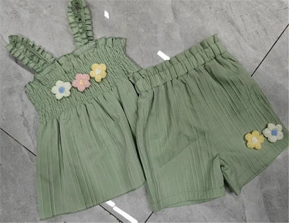 0-4years Baby Girl Summer Outfit 3D Flower Design Ruffled Trim Smocked Sleeveless Tops and Shorts 2 Pcs Set for Toddler girls