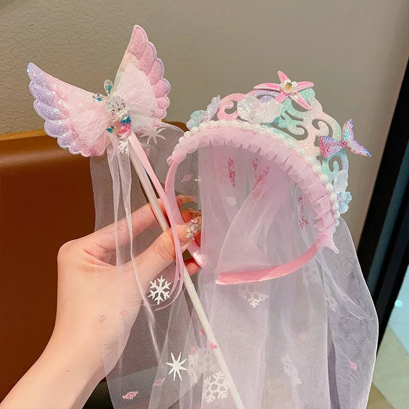 Baby Girls Pink Butterfly Fairy Magic Wand Toddler Snowflake Princess Cos Props Mermaid Cos Crown Photography Props