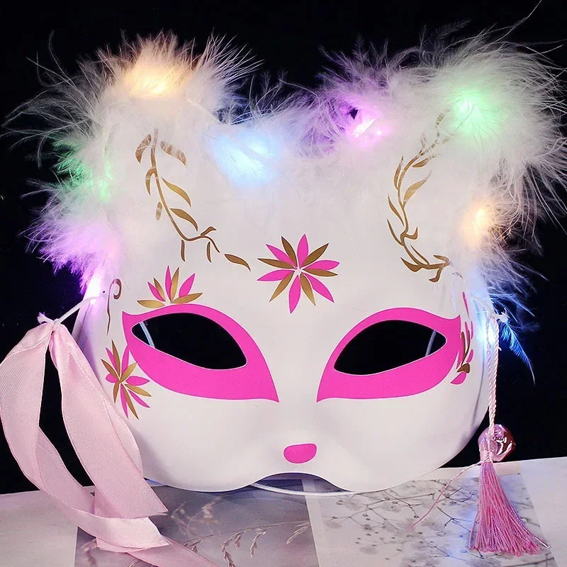 Luminous Feather Fox Mask Half Face Cat Anime Fox Mask Children Luminous Mask Eye Mask Makeup Party Role Play Props