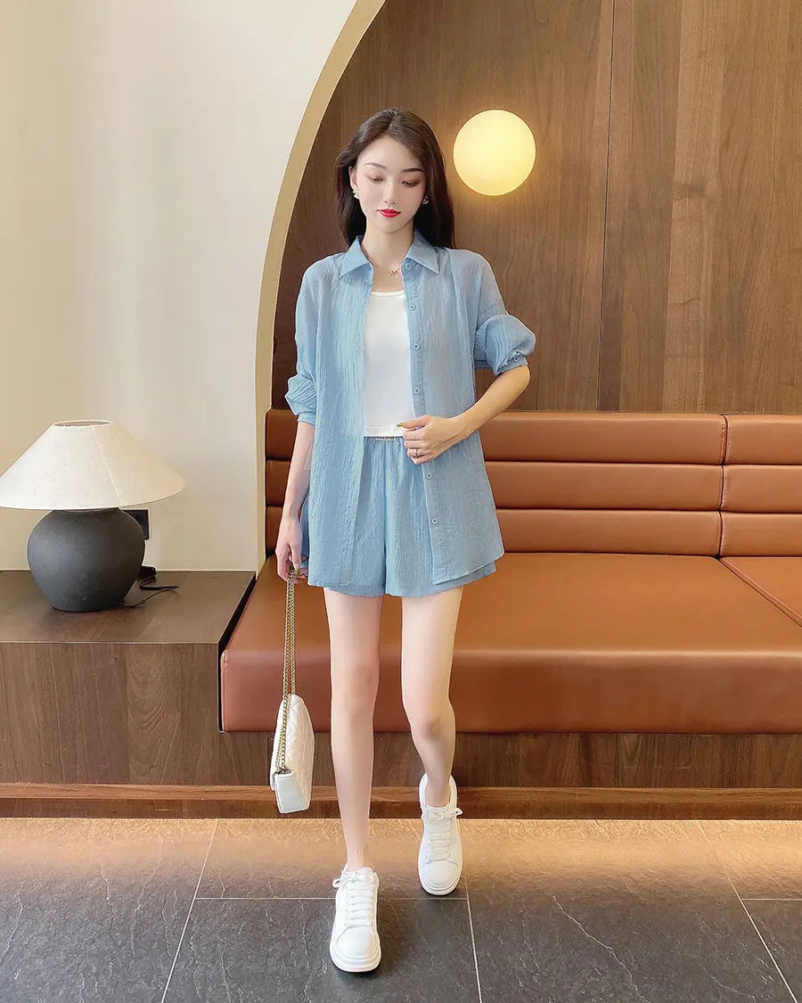 Spring and Summer Sun Protection Women's Set Stylish Loose Shirt Shorts High-end Elegant Women's Three Piece Set