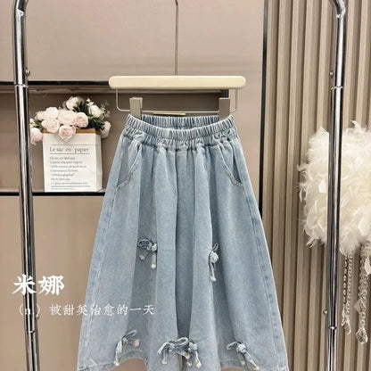 2025 Summer Girls Three-dimensional Bow Round Neck Solid Color Short Sleeve Fashionable Versatile Bow Culottes Two-piece Set