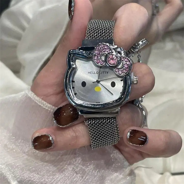 Hello Kitty Cartoon Watch Cute Student Fashion Watch Bow Decoration Quartz Wristwatch Girl Christmas Gift