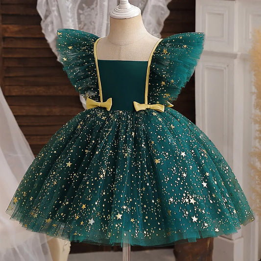 Child's Party Dress Children's Summer Princess Bow Star Sequin Gauze Skirt Girls Skirt Sweet Dress Fashion Kid's Dress Puffy