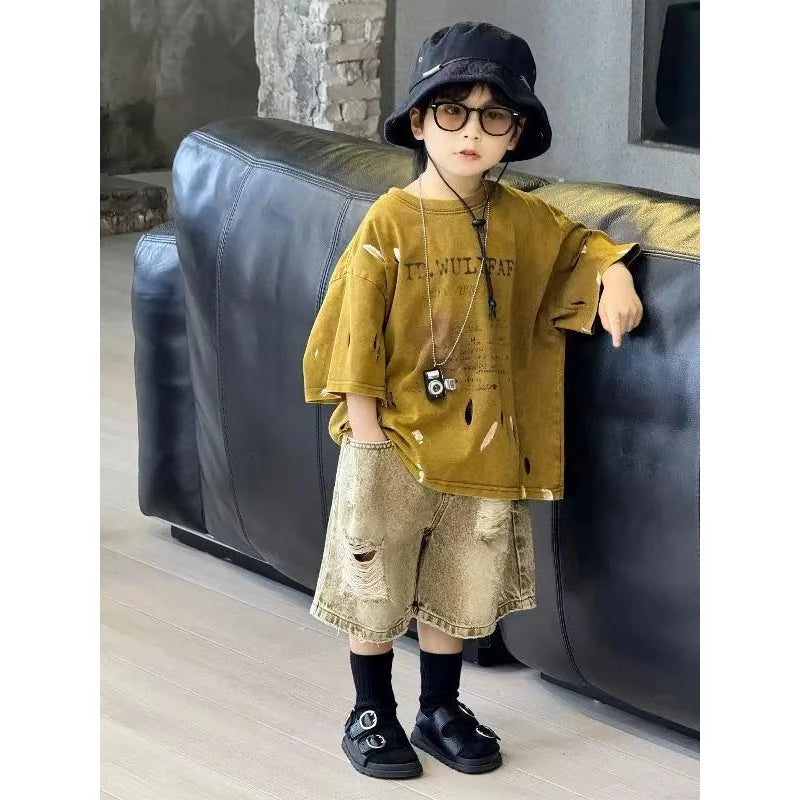 Summer Outfit New Perforated Denim Shorts Children's Clothing