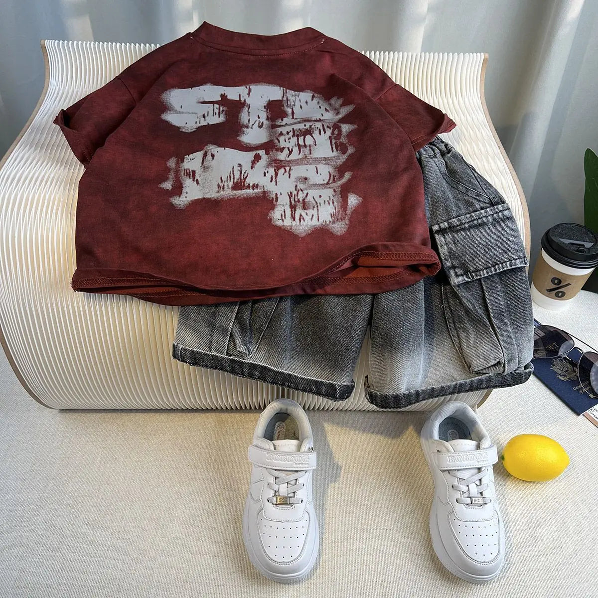 New Boys Fashion Summer Cotton Letter Printing T-shirts+Graffiti Denim Shorts 2pcs Set Kids Korean Outfits Sets Children Clothes