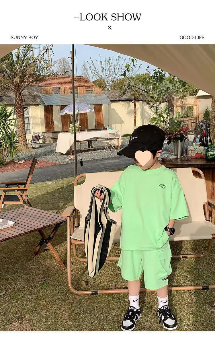 Summer Casual Boys Cotton Loose Alphabet T-shirt Tops+Short Pants Set School Kids Tracksuit Children 2-Piece Outfit Suit 2-14Yrs