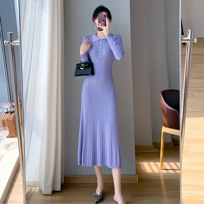 Sweater Dress Women New  Autumn Winter Purple White Or Black High Waist A Line Dress Elegant Long Knitted Dress