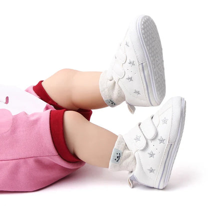 Baby White PU Sneaker Non-slip for Toddler Boys and Girls Cute Embroidery Stars and Hearts