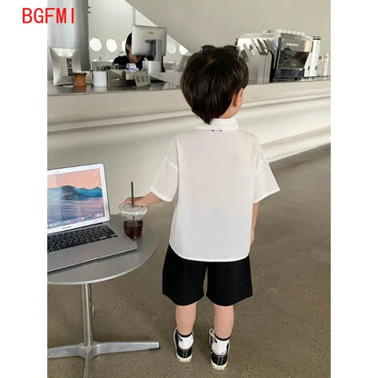 Teens Boys Summer Set Children's Wear Thin 2025 New Handsome British Style Boy White Cotton Short Sleeved Shirt+Black Shorts+Tie