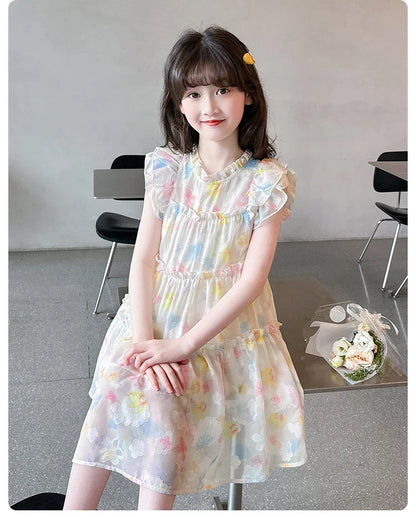 Summer girl's dress new style children's Western style floral chiffon princess dress printed baby's park play skirt