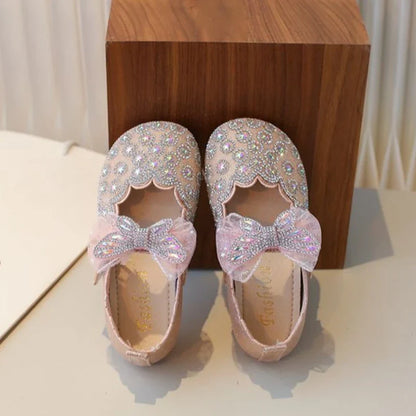 Girls Crystal Princess Footwear Comfortable Flat Sole Leather Shoes for Kids Glittering Rhinestone Design