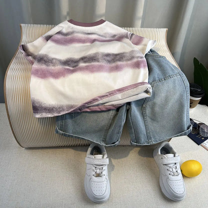 Korean Children's Summer Clothes Kids Set Outfits Boys 2025 Handsome Sleeveless&Short Sleeved T-shirt Denim Shorts 2-piece Set