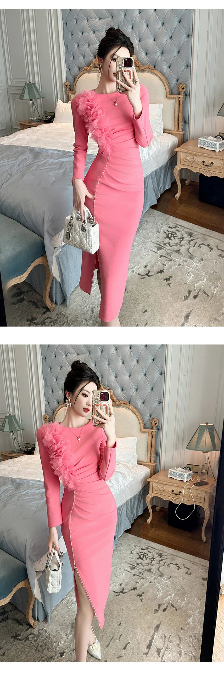 Banquet Evening Dress Women Elegant Style Flower Beading Folds Slit Robe Female Party Prom Vestidos Catwalk Gown